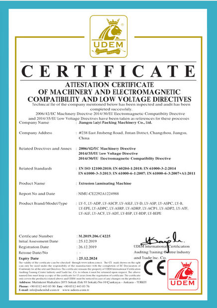 Chine JIANGSU LAIYI PACKING MACHINERY CO.,LTD. certifications